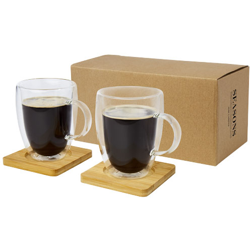 Tasses publicitaires 350 ml et sous-verre en bambou Manti Translucide et Naturel